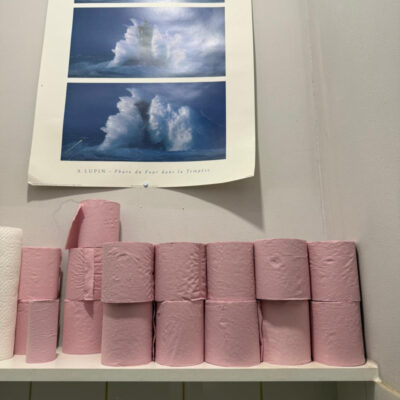 Pink loo rolls in a quirky beach cafe in Normandy!!